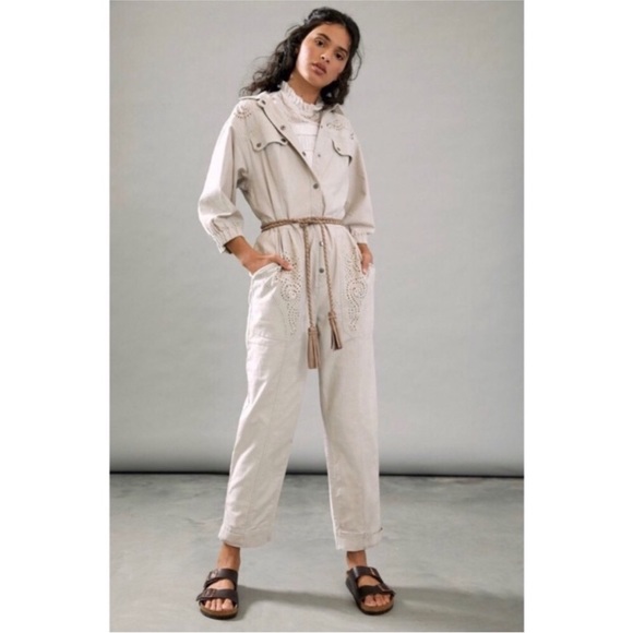 Anthropologie Cream Jumpsuit with Brown Belt - Picture 1 of 9